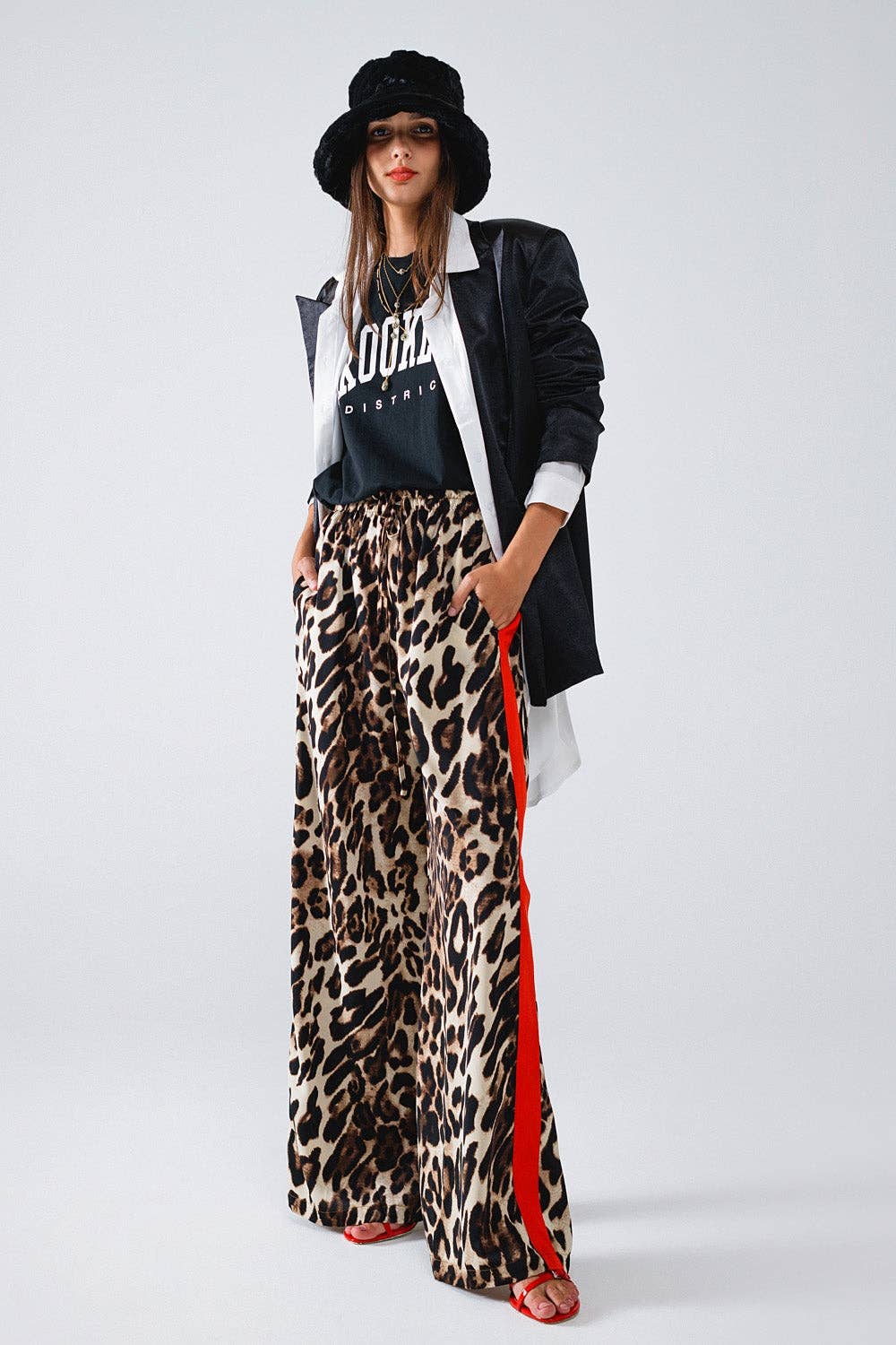 Q2 - Leopard Straight Pants With Red Stripes Down The Sides: Brown / Small