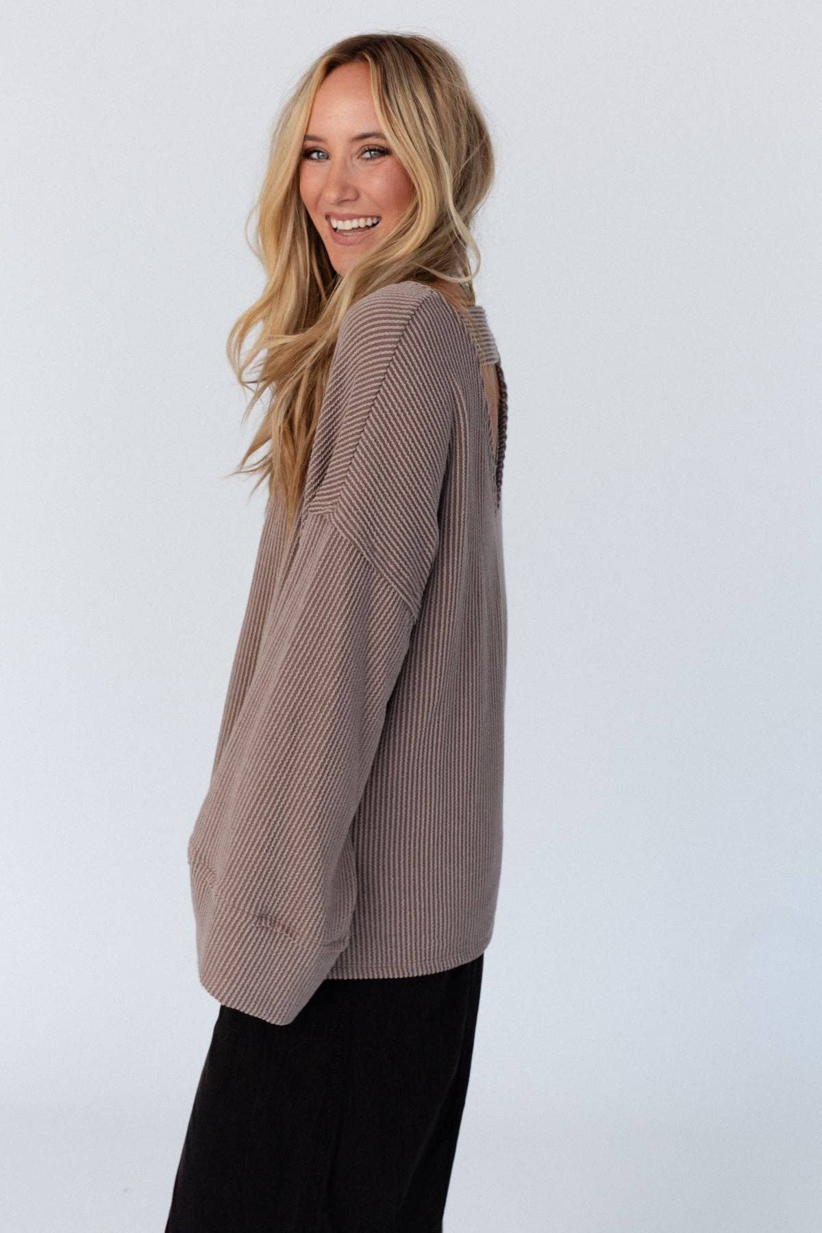 Three Bird Nest - Love It Round Neckline Textured Top - Mocha