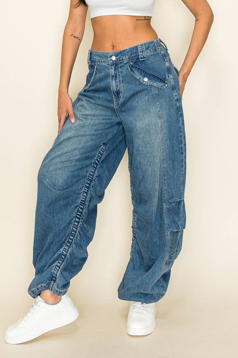 Purple Candy Jeans - Wide Leg Baggy Drawstring Hem Jeans: Medium Wash