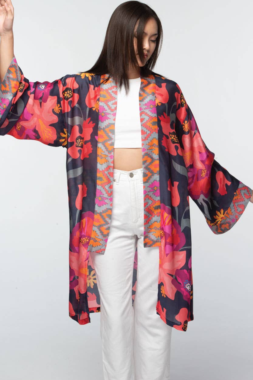 Sevya Handmade - Malini Cupro Kimono Navy Multi Floral - OS