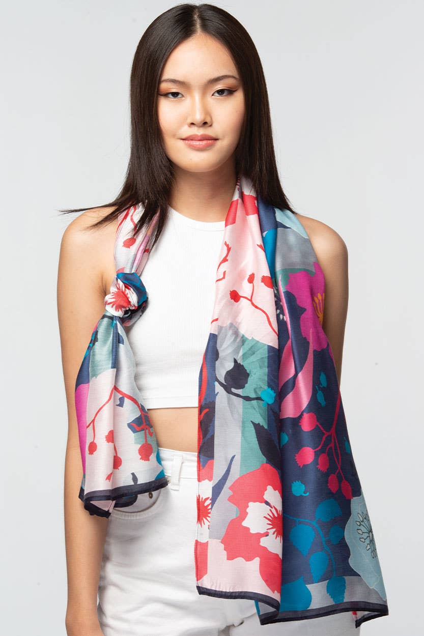 Sevya Handmade - Rishika Cupro Scarf Navy & Fuchsia Floral