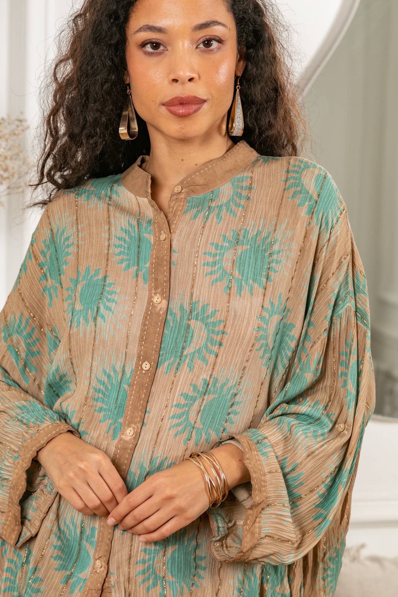 Last Queen Lurex button Tunic Dress Top Ochre - OS
