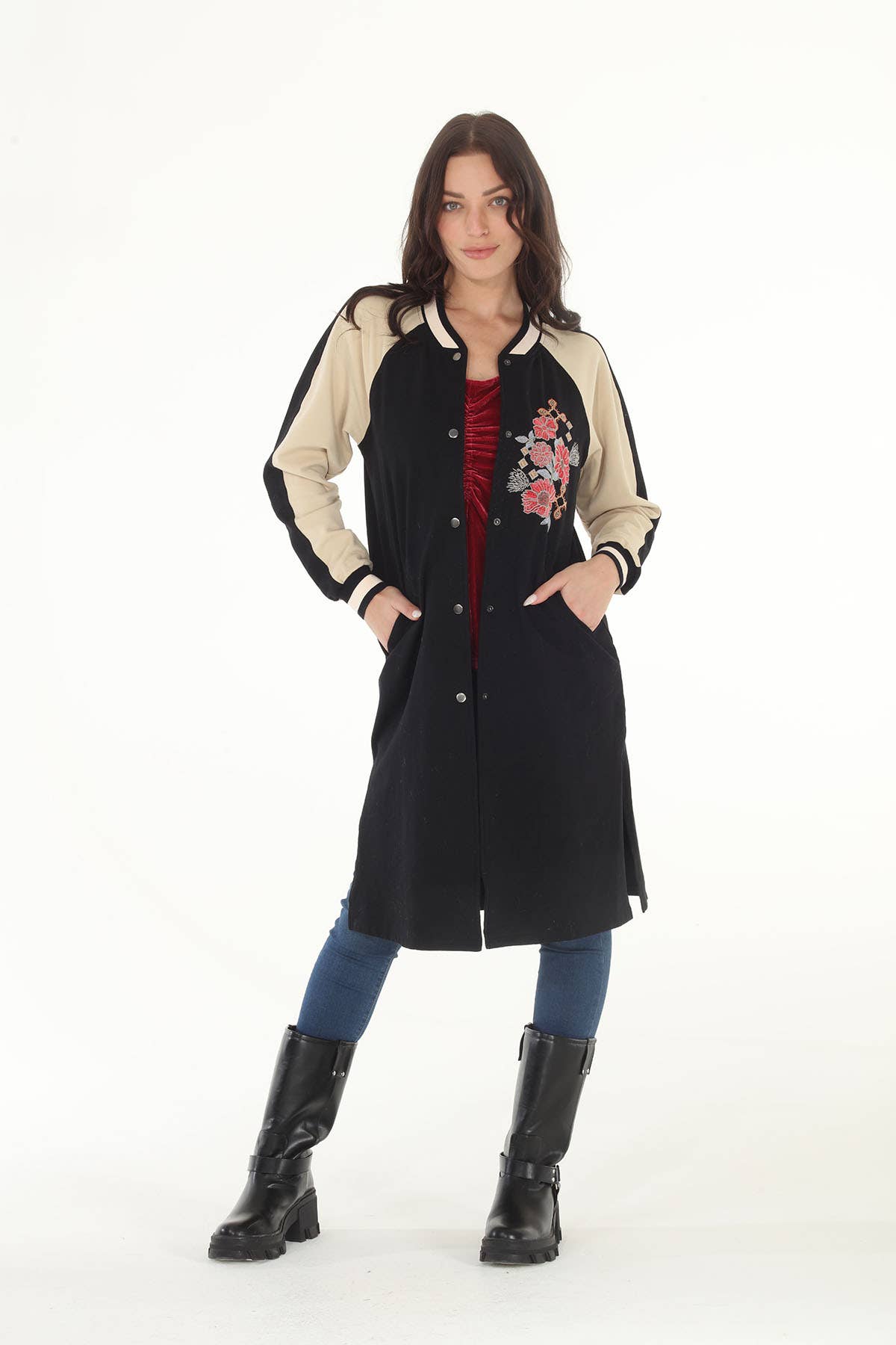 Paparazzi By Biz Embroidered Baseball Duster Long Bomber Jacket