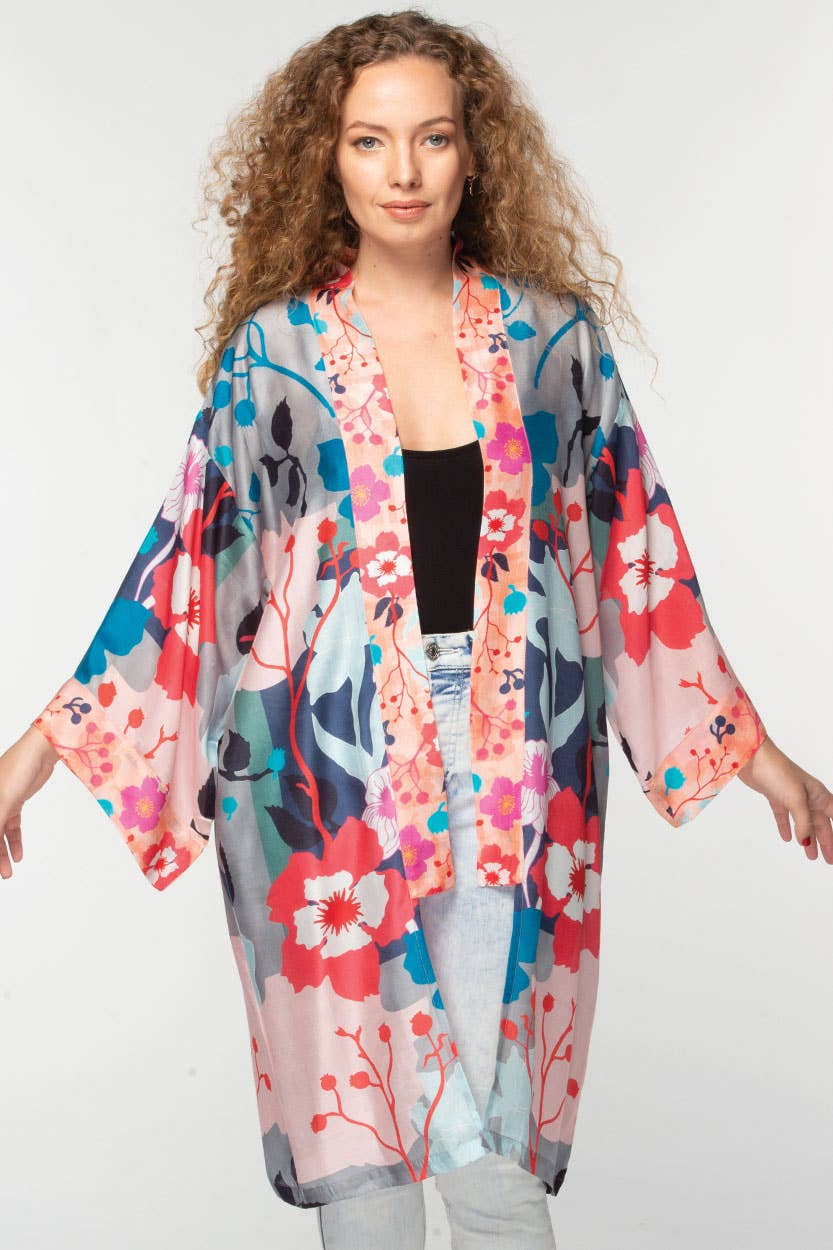 Sevya Handmade - Malini Cupro Kimono Silver Multi Floral - OS