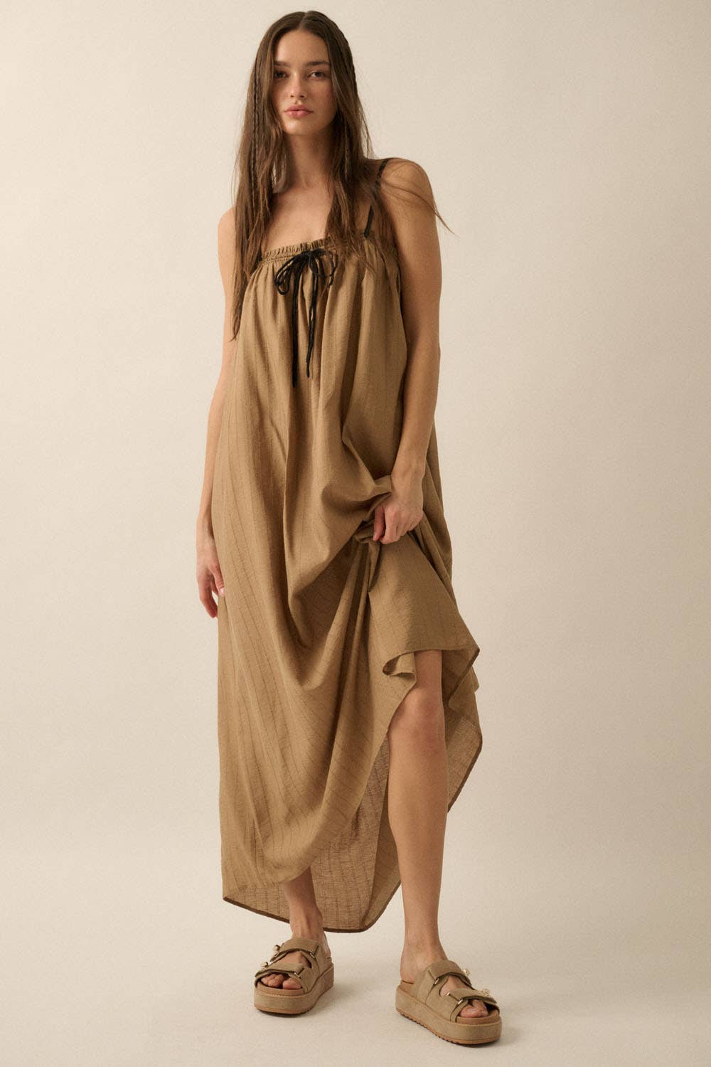 Promesa USA - Tonal-Stripe Drawstring-Neckline Maxi Sack Dress: TAUPE