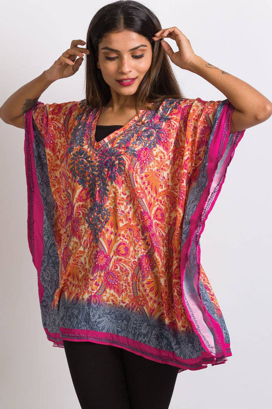 Sevya Handmade - Demira Hand Embroidered Top Orange & Fuchsia - OS