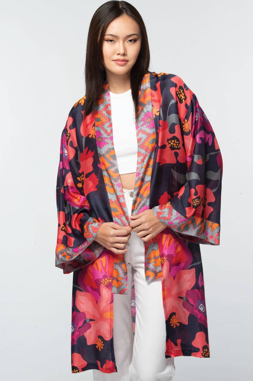 Sevya Handmade - Malini Cupro Kimono Navy Multi Floral - OS