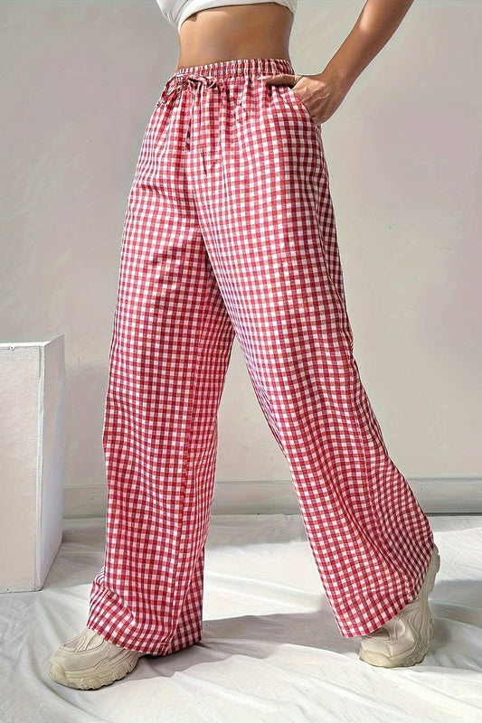 NINEXIS - LOOSE PINK PLAID LACE-UP CASUAL WIDE-LEG PANTS: RED