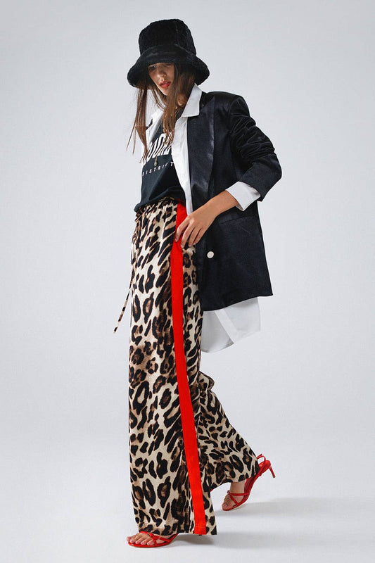 Q2 - Leopard Straight Pants With Red Stripes Down The Sides: Brown / Small