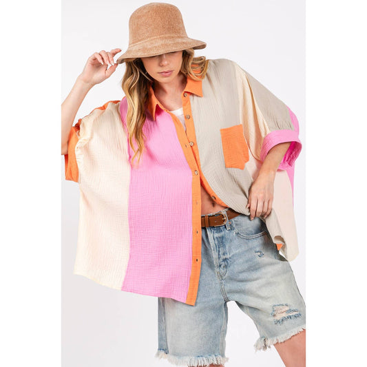 Sage + Fig - COLOR BLOCK GAUZY BUTTON-DOWN BLOUSE