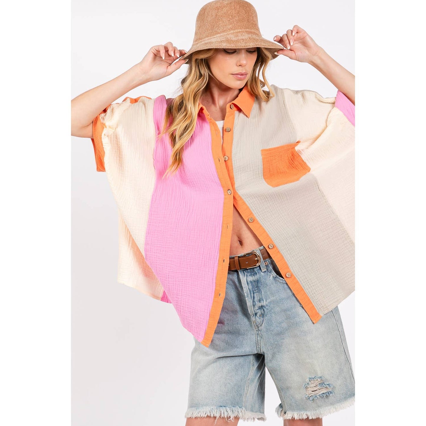 Sage + Fig - COLOR BLOCK GAUZY BUTTON-DOWN BLOUSE