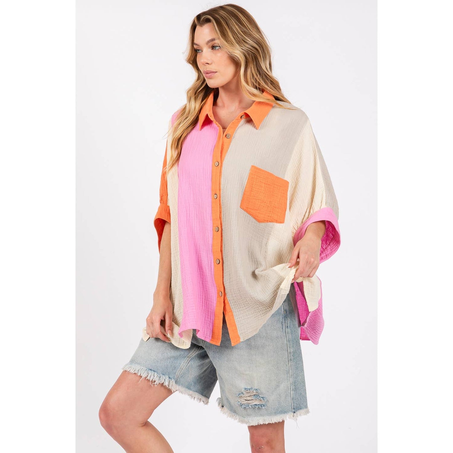 Sage + Fig - COLOR BLOCK GAUZY BUTTON-DOWN BLOUSE