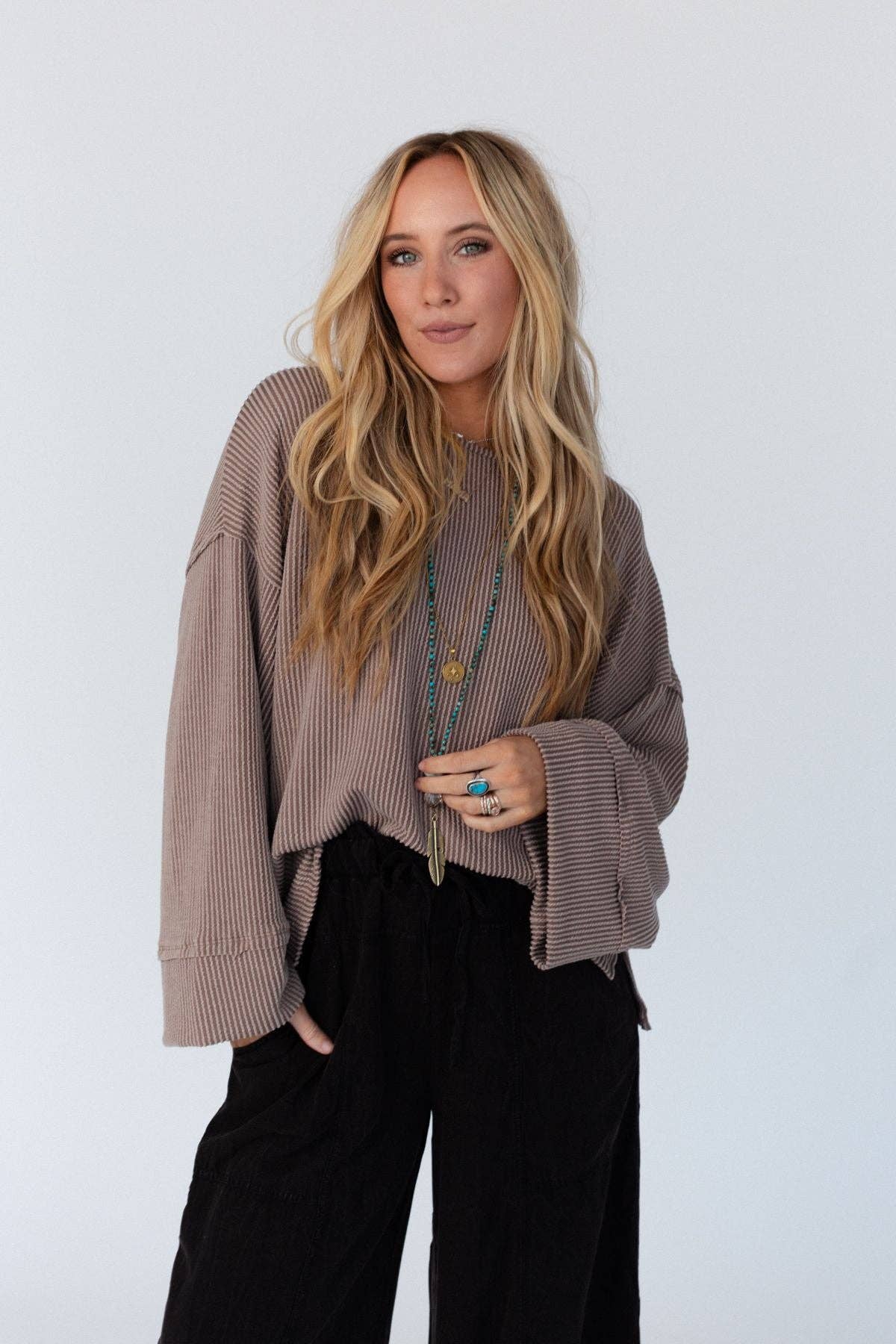Three Bird Nest - Love It Round Neckline Textured Top - Mocha