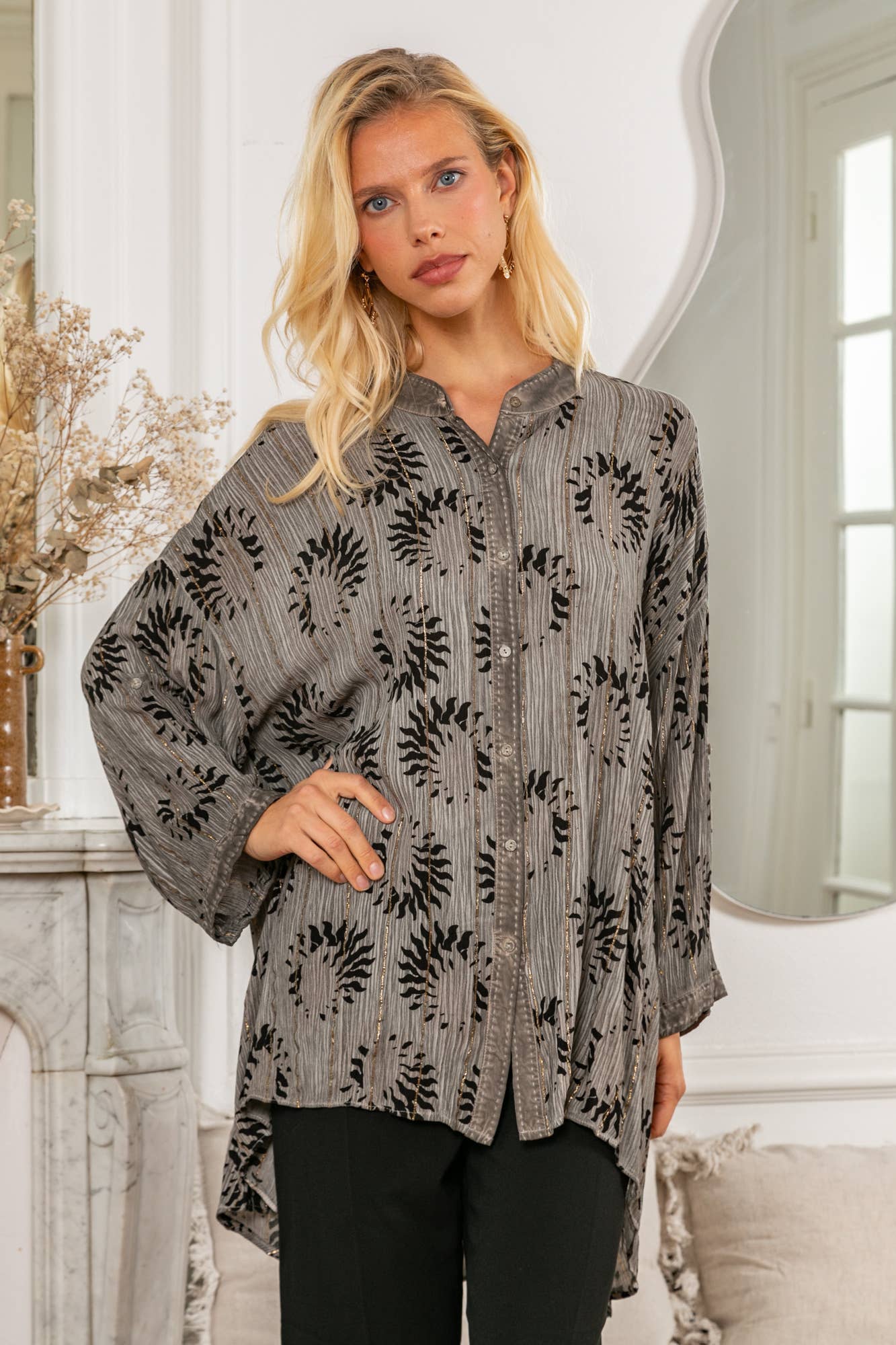 Last Queen Lurex button Tunic Dress Top Light grey - OS