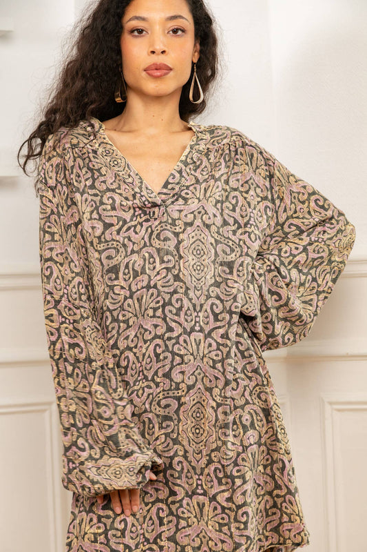 Last Queen Lurex button Tunic Dress Top Pink - OS