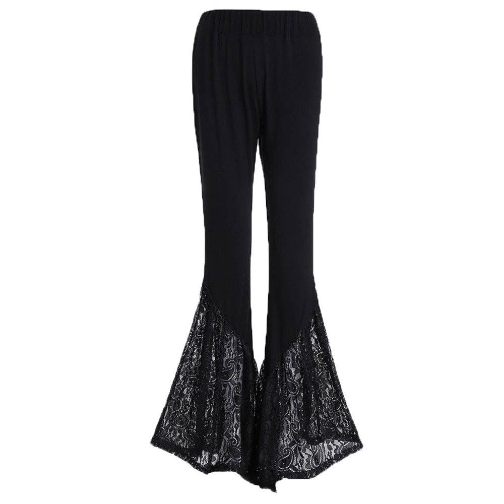 Tourtiwi - Casual Lace Stitching Bell-Bottom Pants Trousers: Black / M