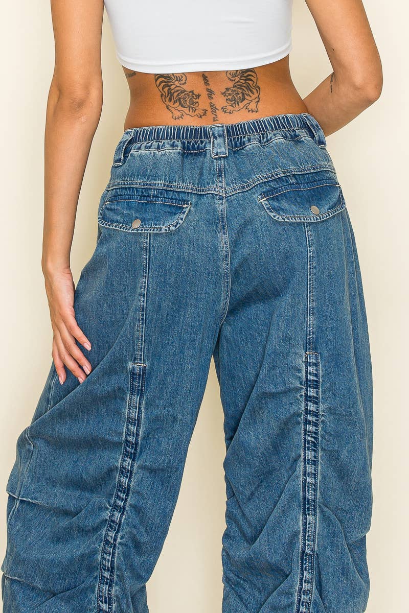 Purple Candy Jeans - Wide Leg Baggy Drawstring Hem Jeans: Medium Wash
