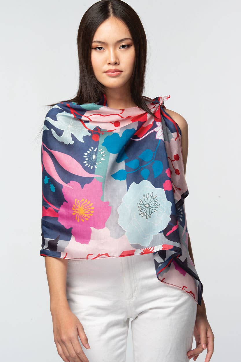 Sevya Handmade - Rishika Cupro Scarf Navy & Fuchsia Floral