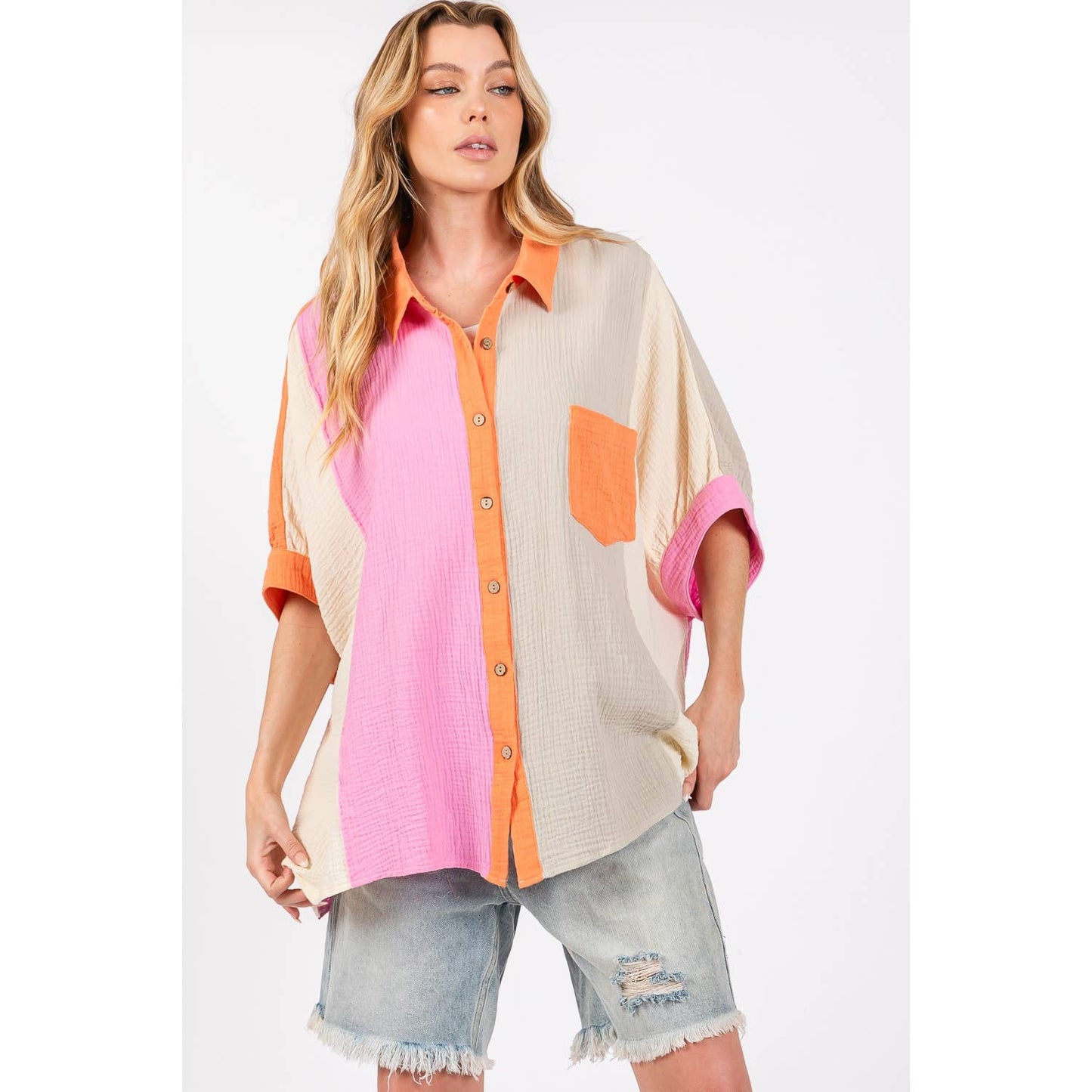 Sage + Fig - COLOR BLOCK GAUZY BUTTON-DOWN BLOUSE