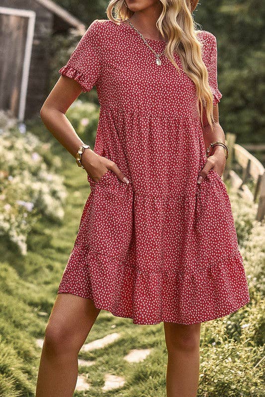Love, Kuza - Ditsy Bloom Ruffle Tiered Dress: Red