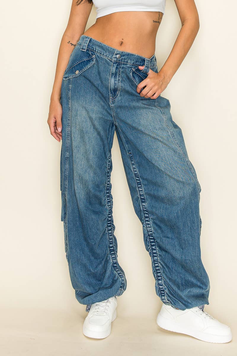 Purple Candy Jeans - Wide Leg Baggy Drawstring Hem Jeans: Medium Wash