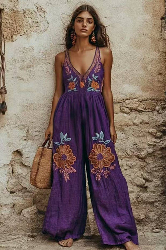 NINEXIS - VINTAGE FLORAL COTTON LINEN STRAPPY WIDE JUMPSUIT: PURPLE
