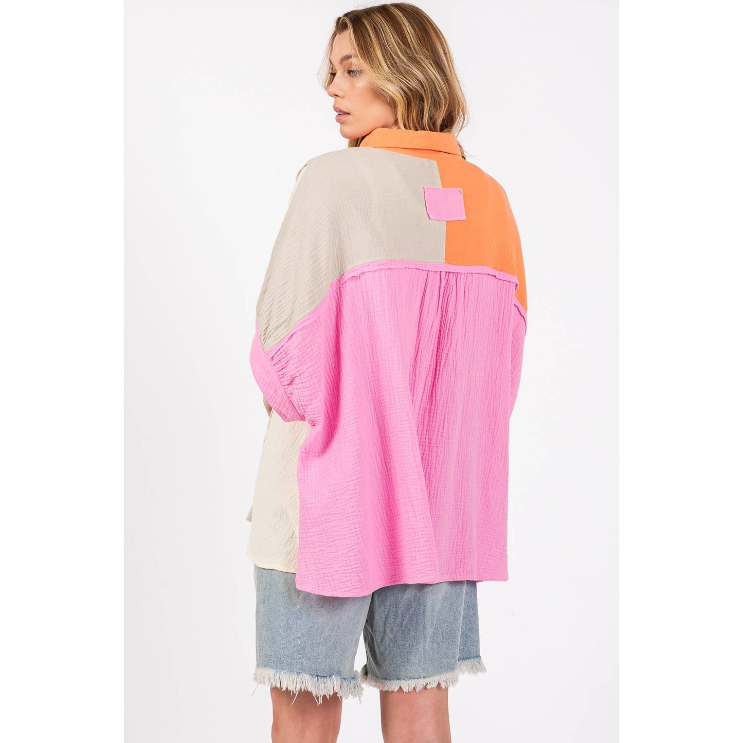 Sage + Fig - COLOR BLOCK GAUZY BUTTON-DOWN BLOUSE