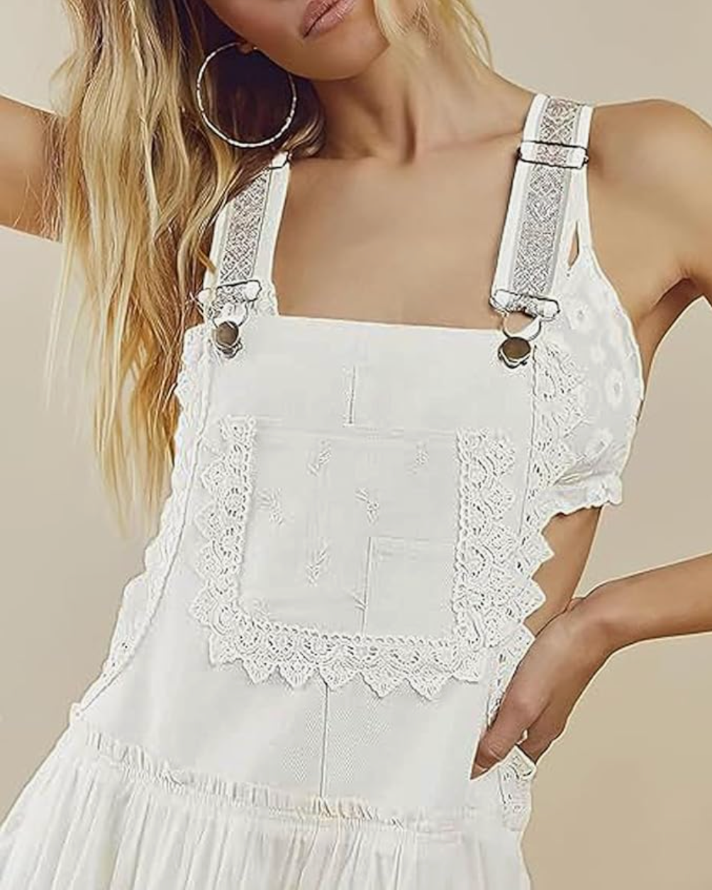 Rosa Clothing - Bohemian Flowy Lace tiered Bib Maxi Dress: White