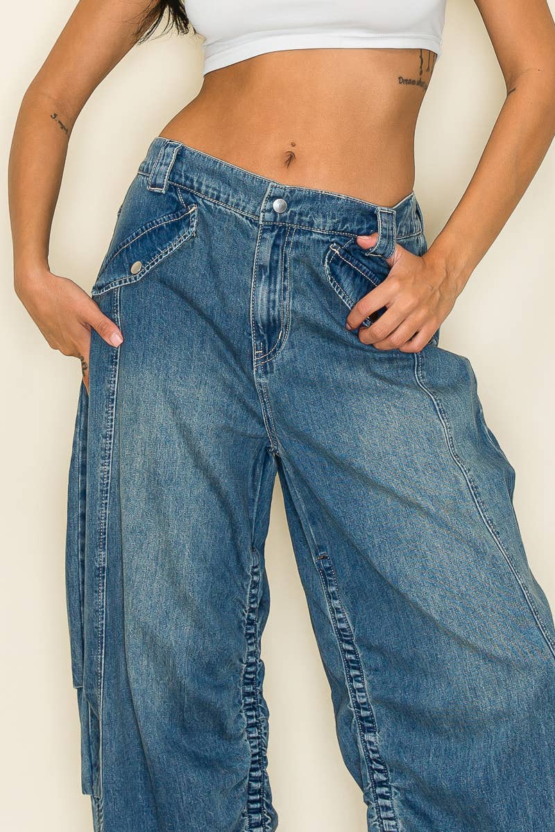 Purple Candy Jeans - Wide Leg Baggy Drawstring Hem Jeans: Medium Wash