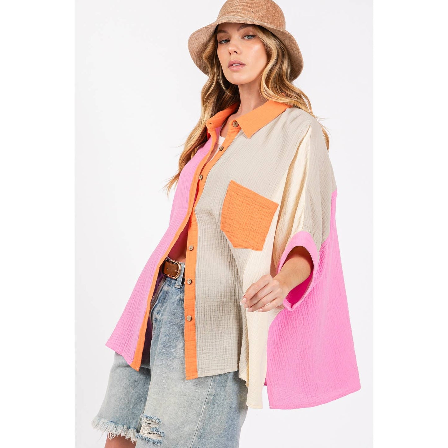 Sage + Fig - COLOR BLOCK GAUZY BUTTON-DOWN BLOUSE