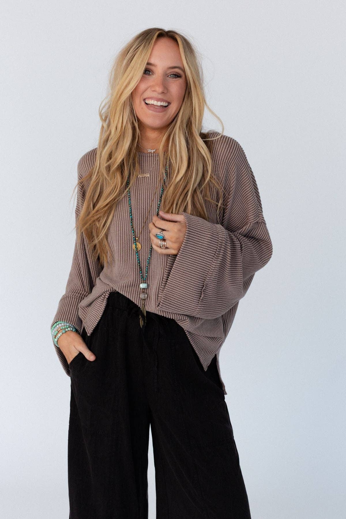 Three Bird Nest - Love It Round Neckline Textured Top - Mocha
