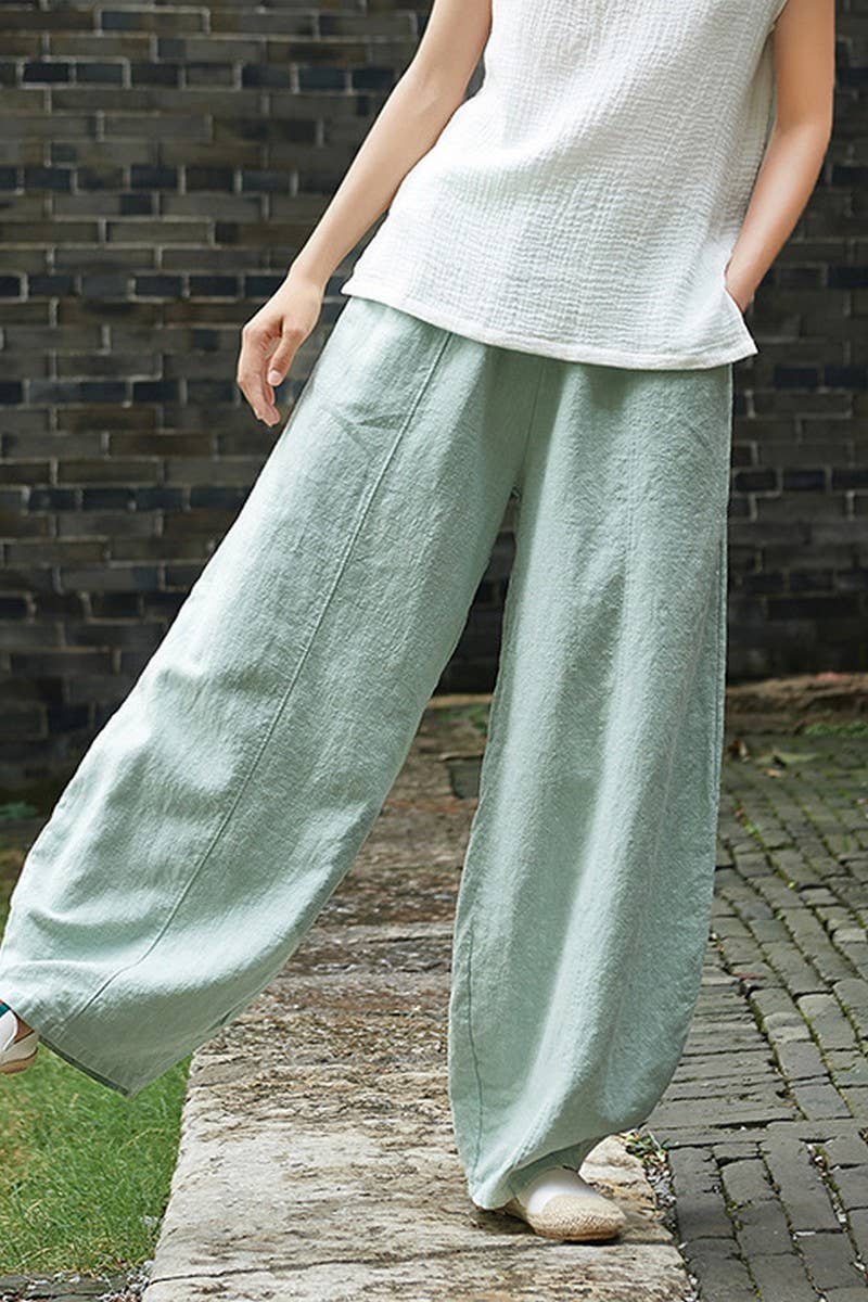 NINEXIS - COTTON AND LINEN WASHED LOOSE CASUAL BLOOMERS: PEAGREEN