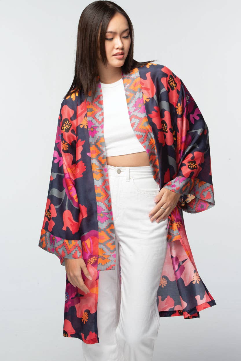 Sevya Handmade - Malini Cupro Kimono Navy Multi Floral - OS