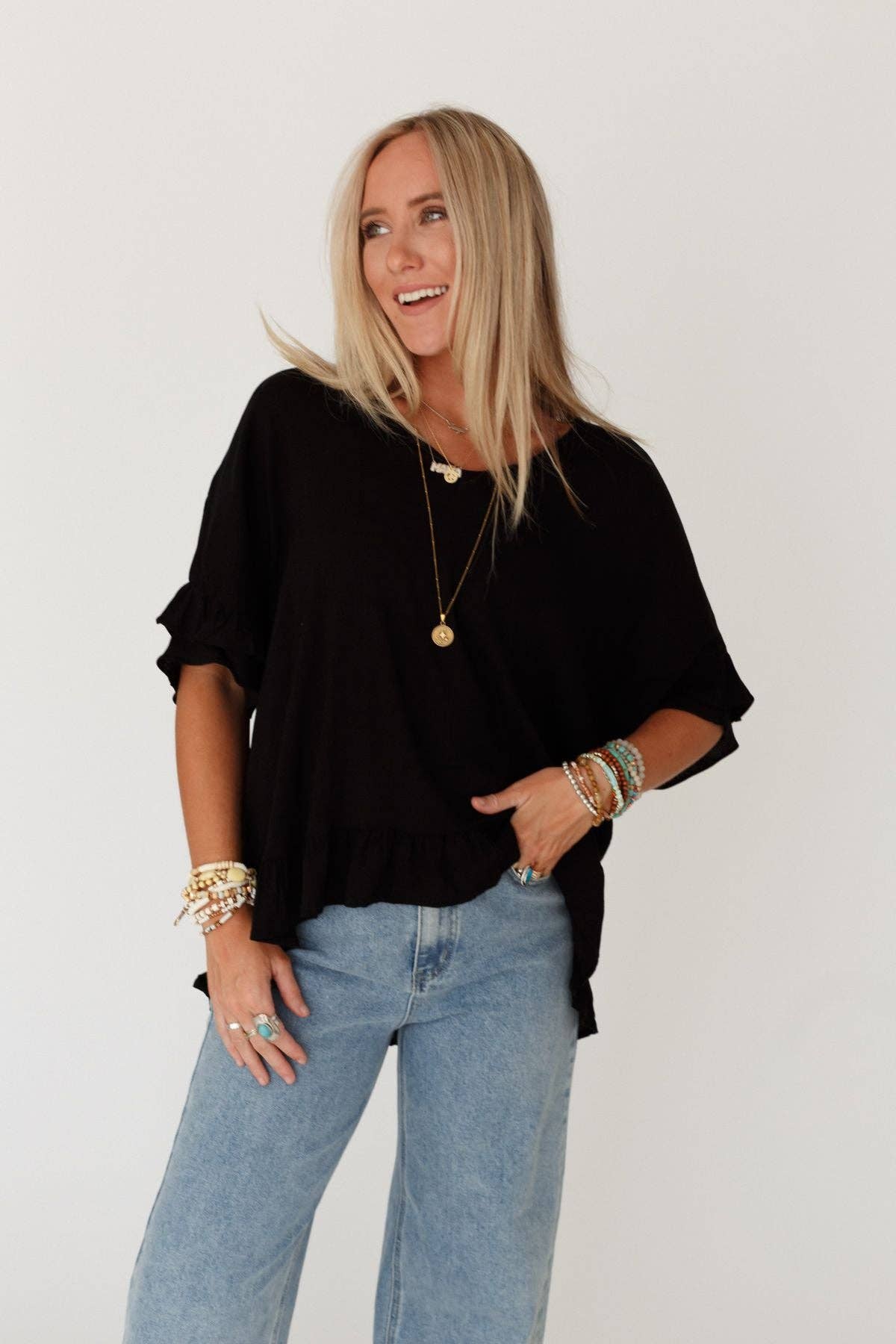 Three Bird Nest - Let Me Be Ruffled Top - Black