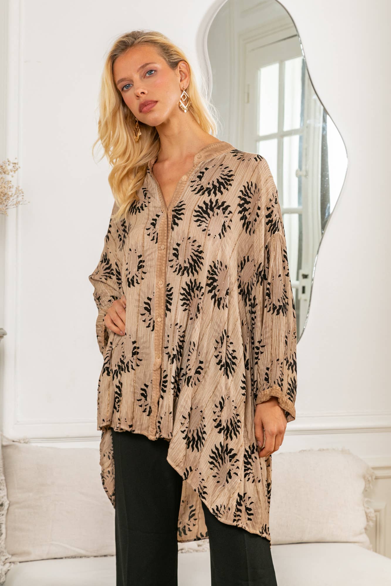 Last Queen Lurex button Tunic Dress Top Beige - OS