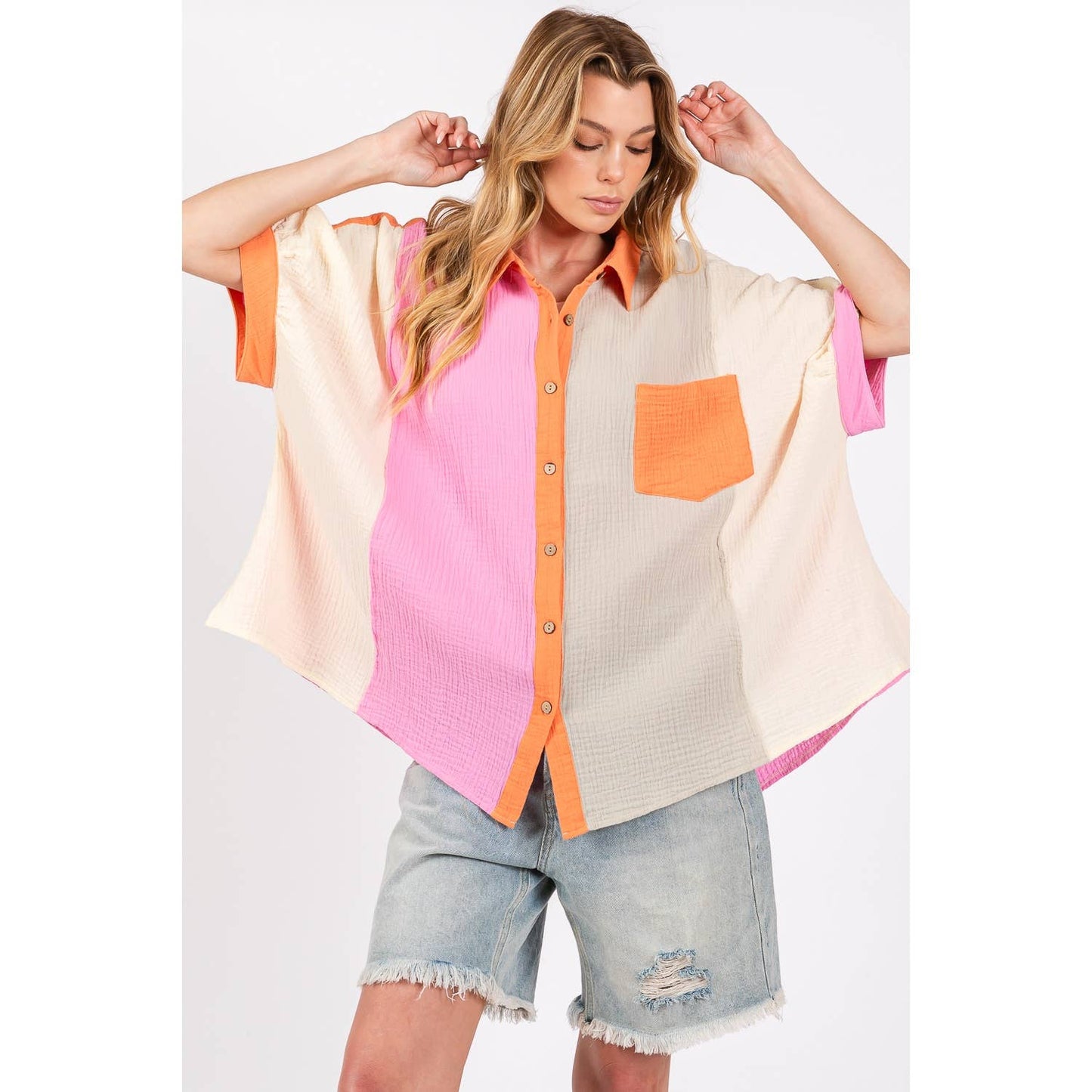 Sage + Fig - COLOR BLOCK GAUZY BUTTON-DOWN BLOUSE