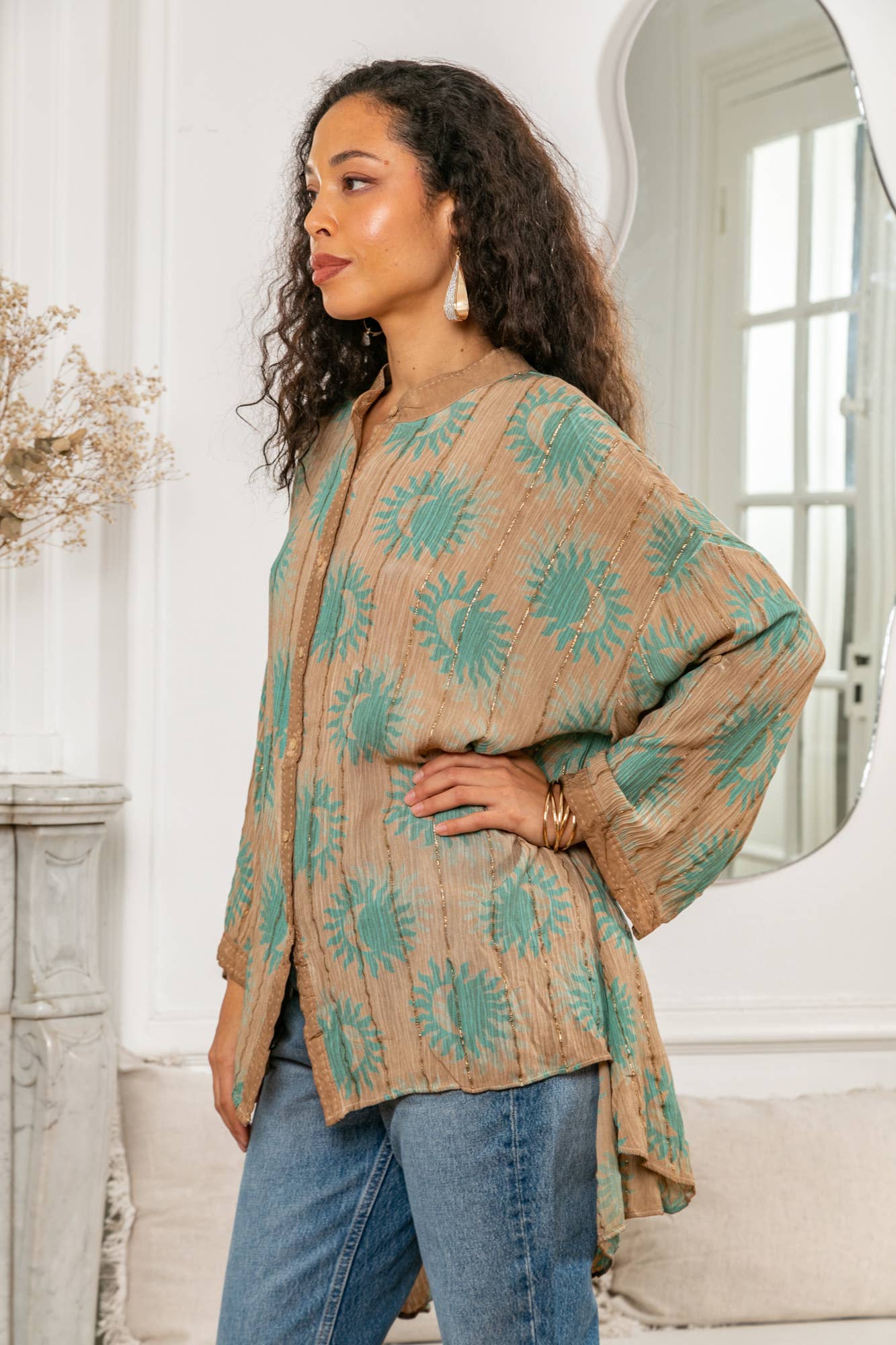 Last Queen Lurex button Tunic Dress Top Ochre - OS
