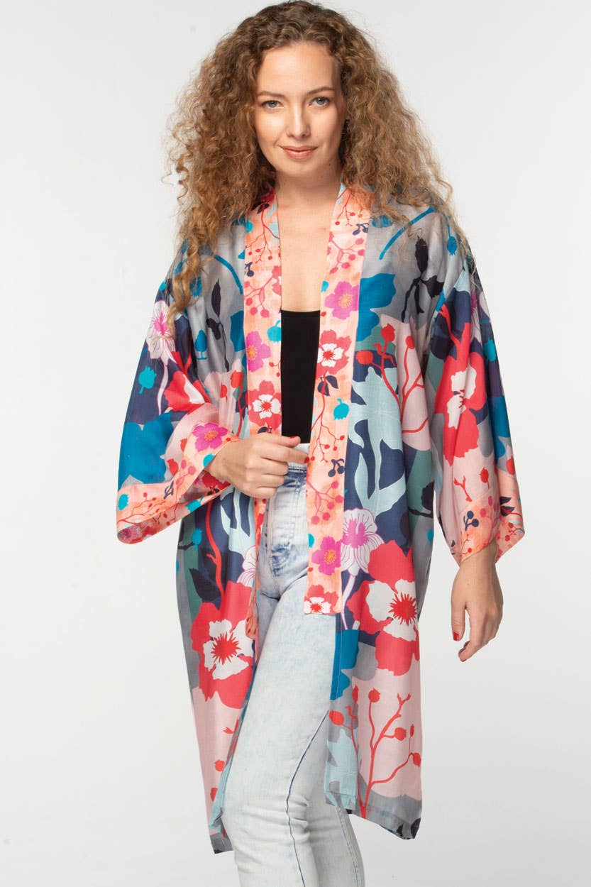 Sevya Handmade - Malini Cupro Kimono Silver Multi Floral - OS