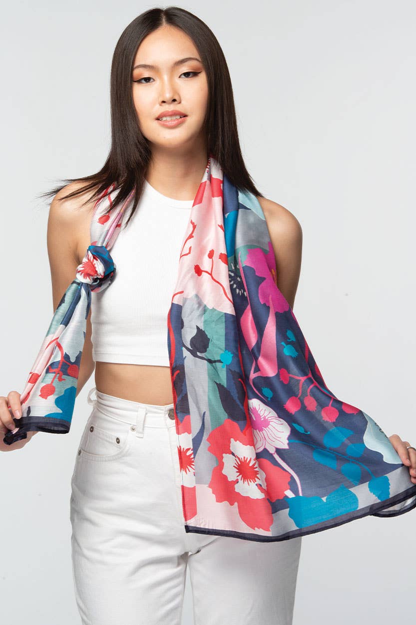 Sevya Handmade - Rishika Cupro Scarf Navy & Fuchsia Floral