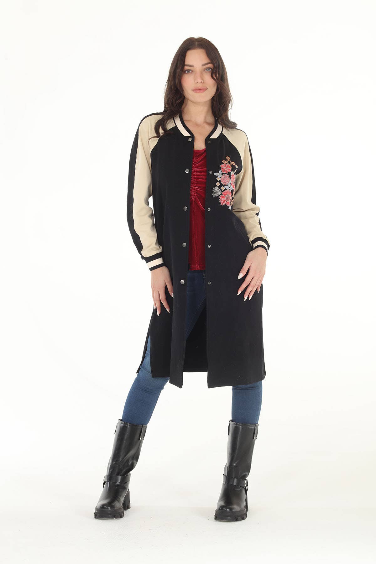 Paparazzi By Biz Embroidered Baseball Duster Long Bomber Jacket