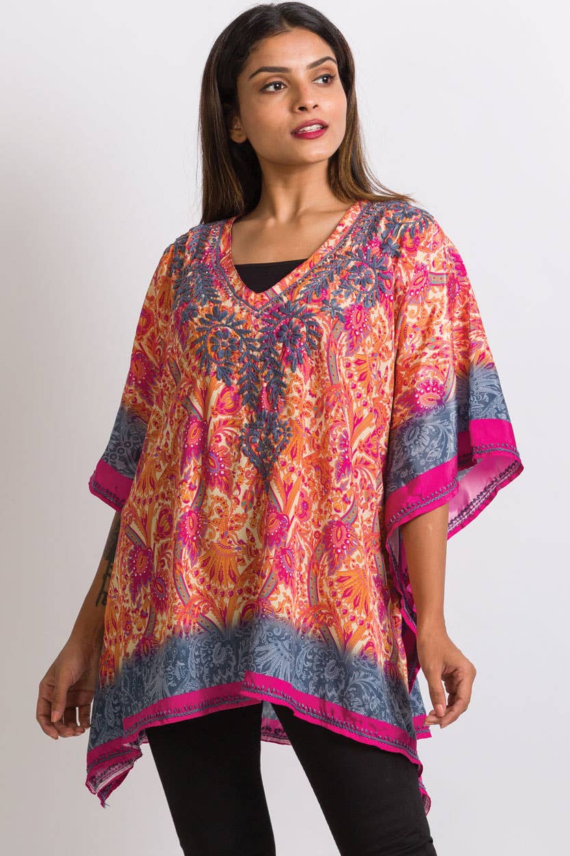 Sevya Handmade - Demira Hand Embroidered Top Orange & Fuchsia - OS