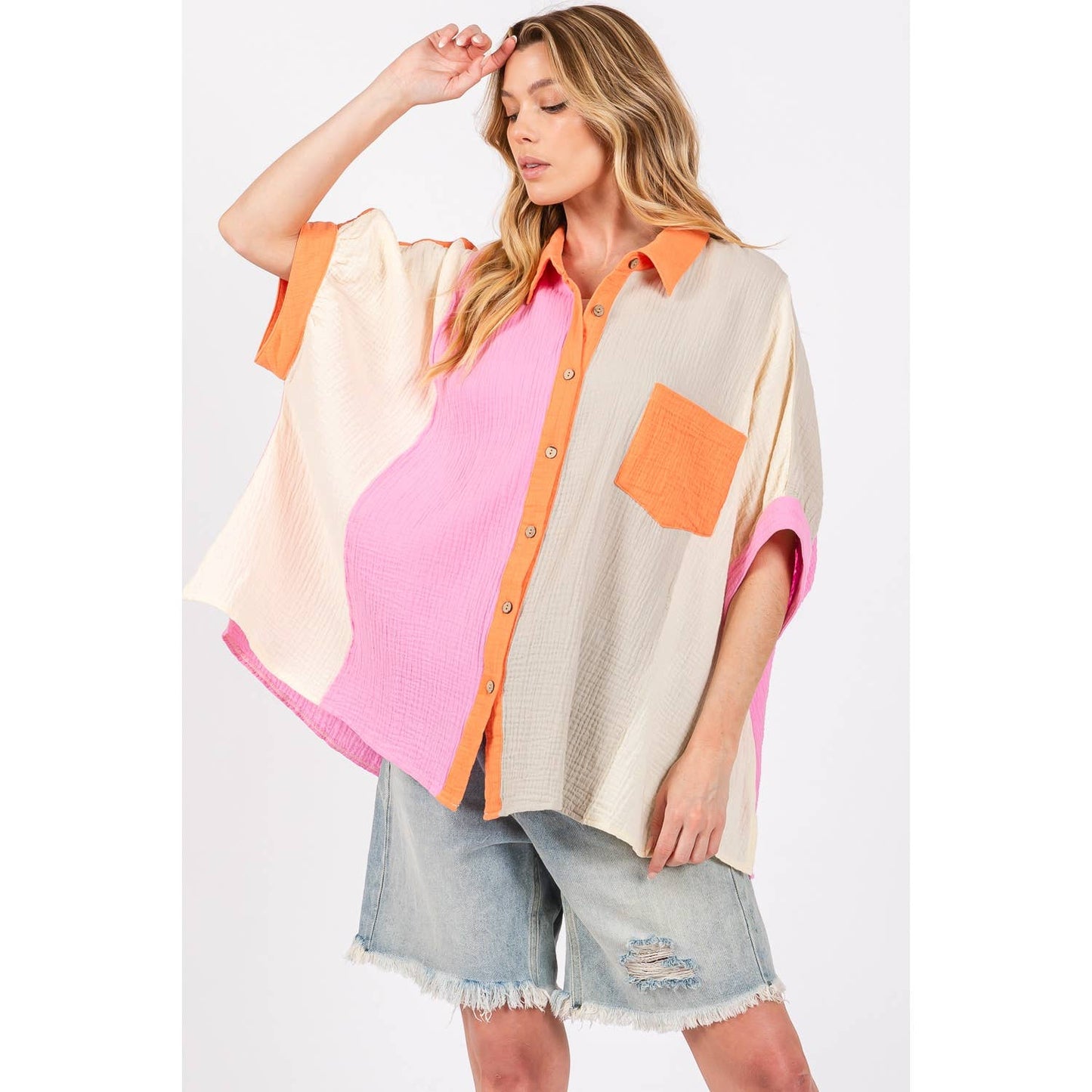 Sage + Fig - COLOR BLOCK GAUZY BUTTON-DOWN BLOUSE