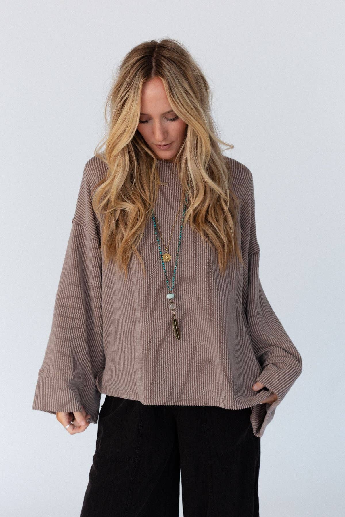 Three Bird Nest - Love It Round Neckline Textured Top - Mocha