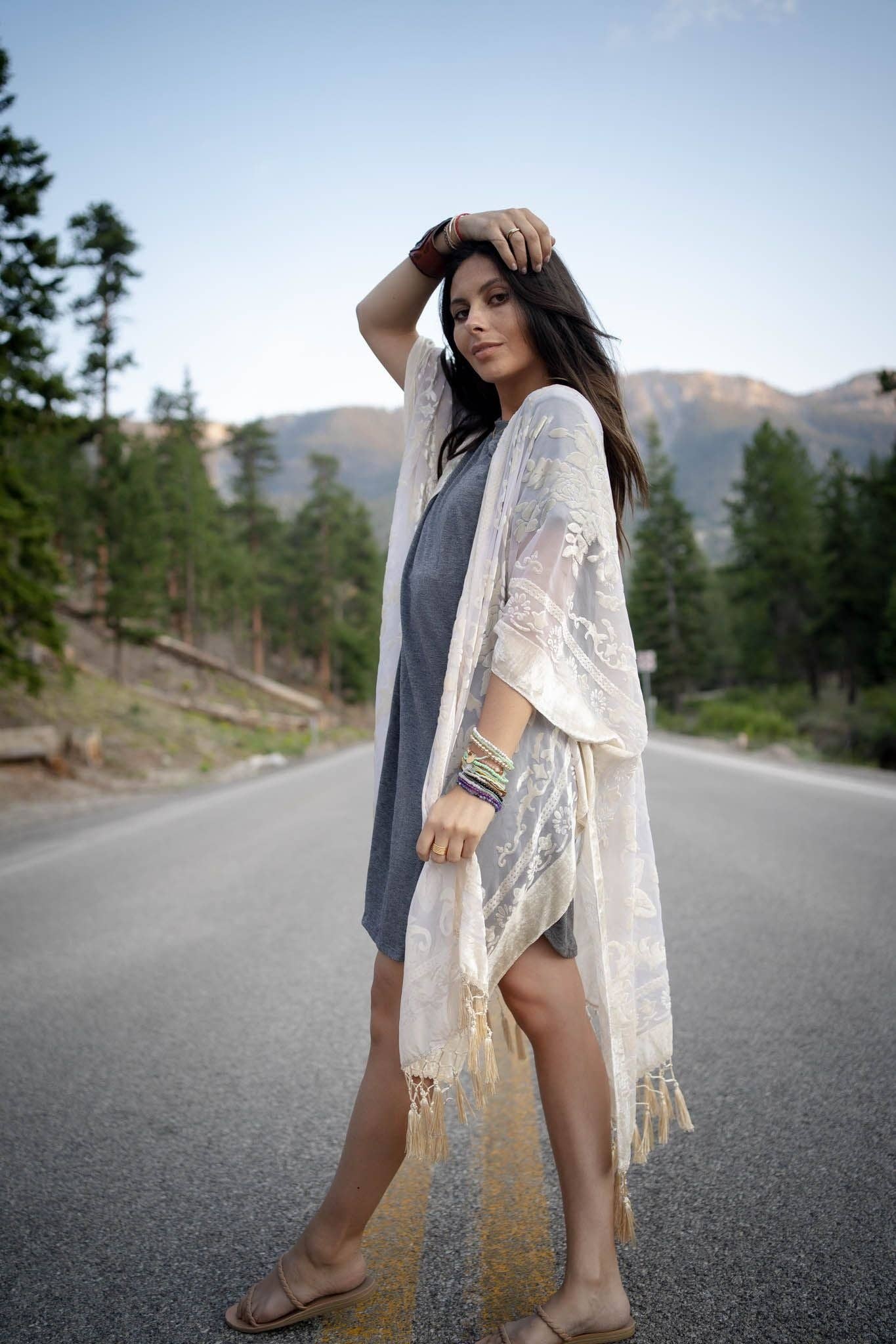 Three Bird Nest - Crushin' On You Velvet Kimono - Nude: OS