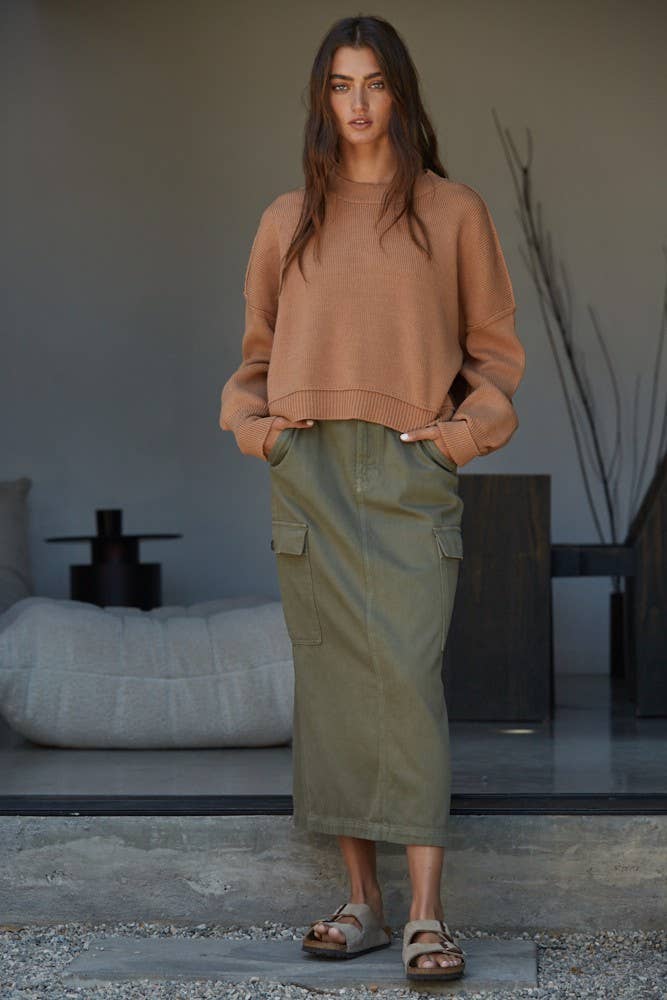 By Together - Cotton Acrylic Ribbed Knit Sweater: Camel