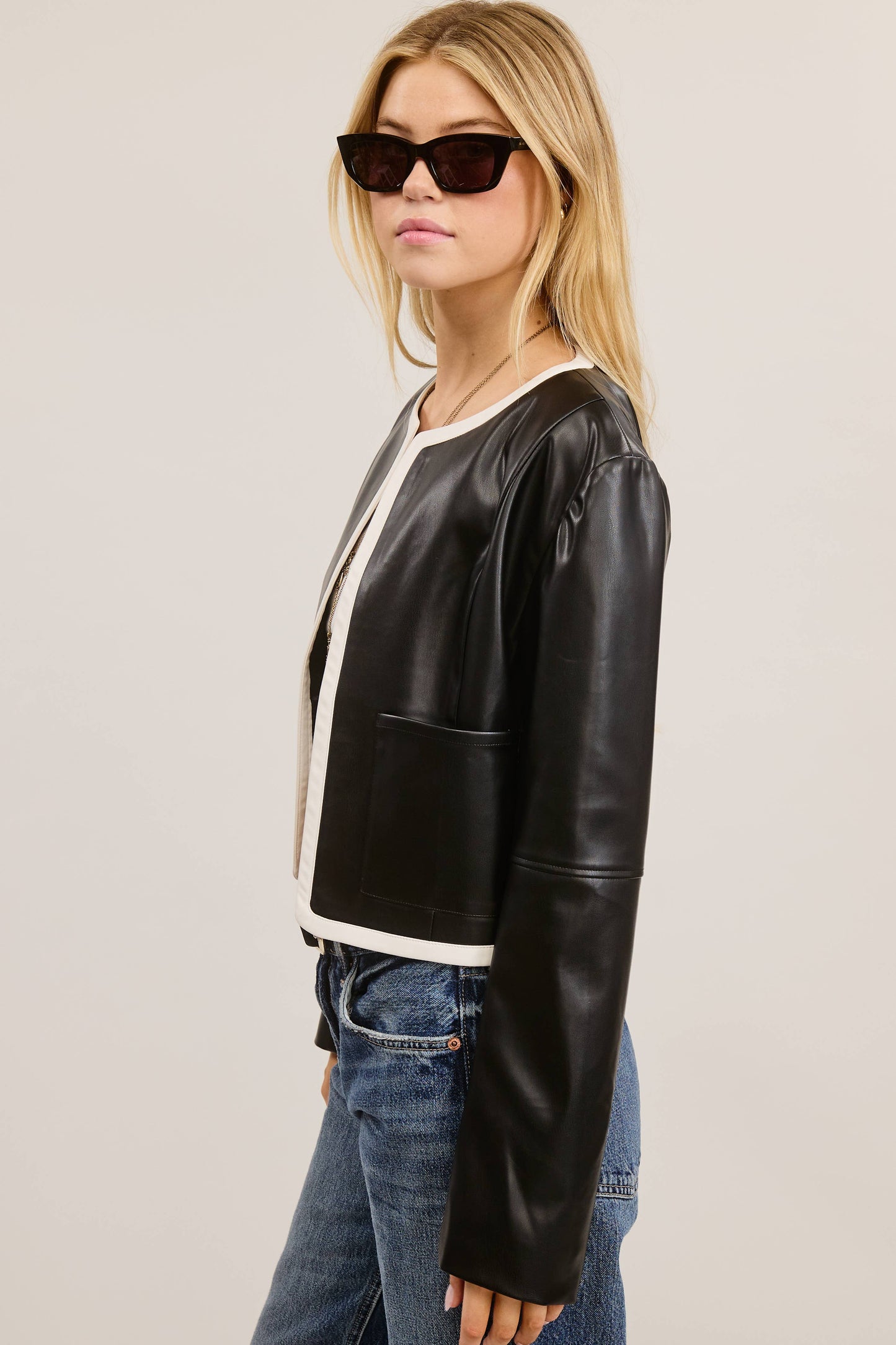 Mimosa - Womens Open Front Faux Leather Jacket: Black