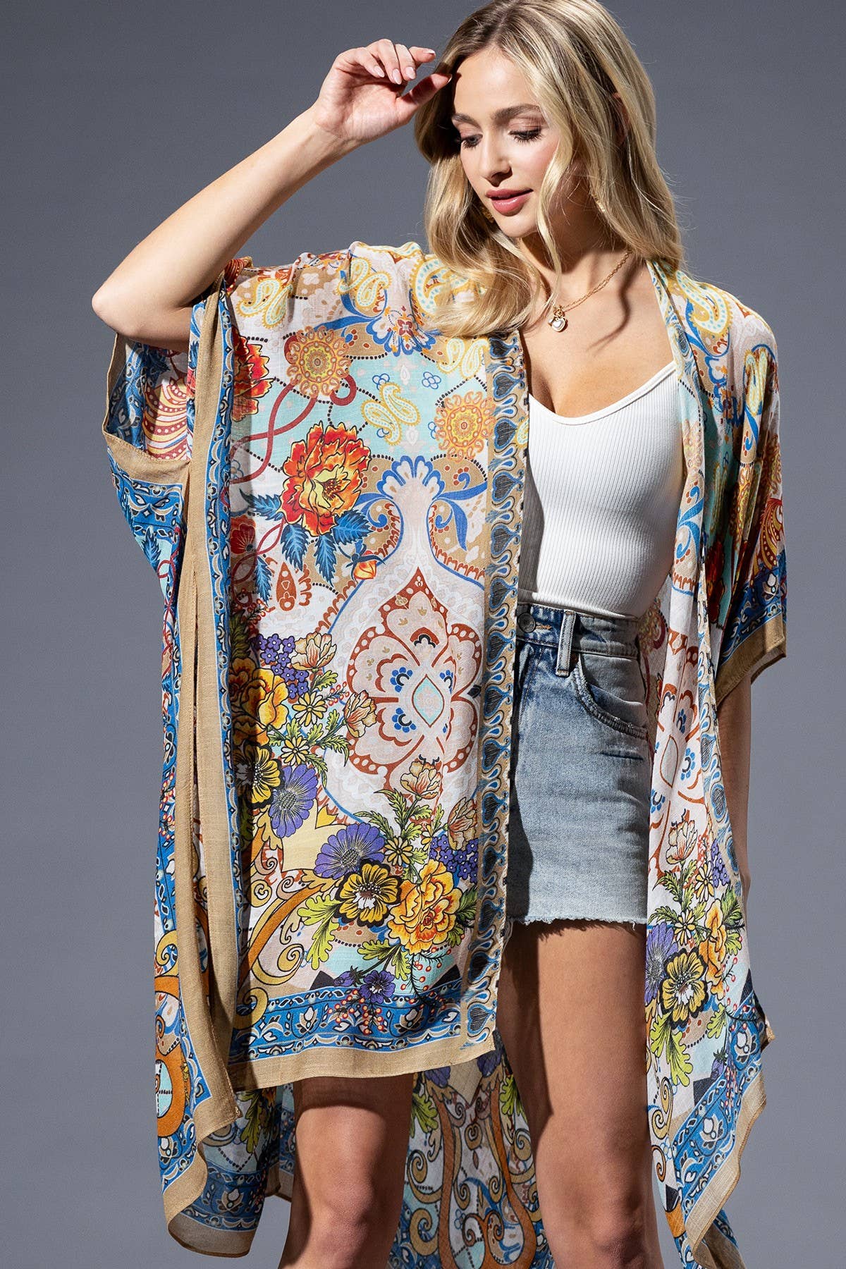 Urbanista - Gold Blue Mandala Viscose Kimono: GOLD BLUE MANDALA / OS