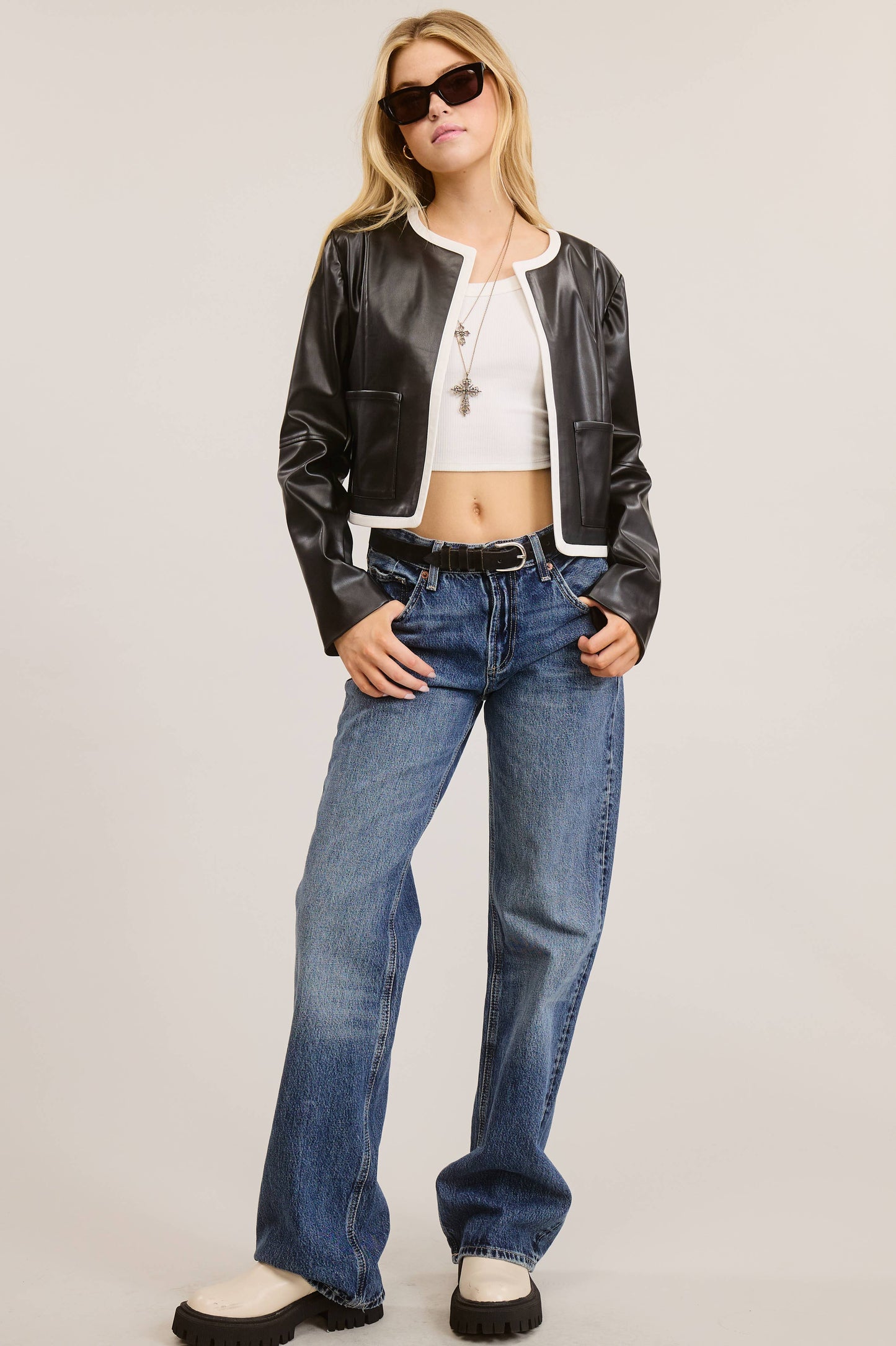 Mimosa - Womens Open Front Faux Leather Jacket: Black