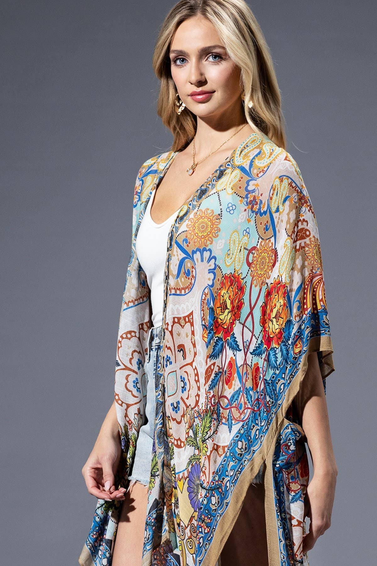 Urbanista - Gold Blue Mandala Viscose Kimono: GOLD BLUE MANDALA / OS