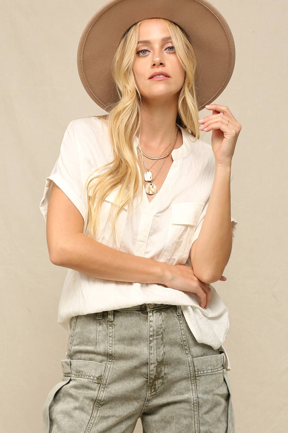 KyeMi - Silk V-Neck Top Wite Rolled Cap Sleeves: Off White